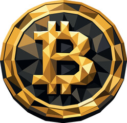 Geometric Bitcoin Design. Low-poly vector illustration focused on a stylized Bitcoin coin viewed frontally, polygonal geometric