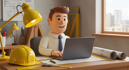 3D Cartoon Construction Office with Engineer Working on Laptop