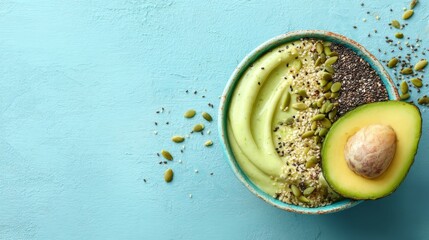 Creamy Avocado Smoothie Bowl with Seeds and Nuts on Blue Surface for Healthy Eating and Vegan Lifestyle