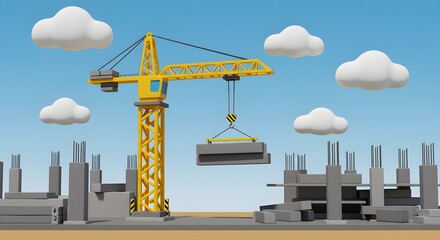 3D Cartoon Crane Lifting Steel Bars for Structural Construction