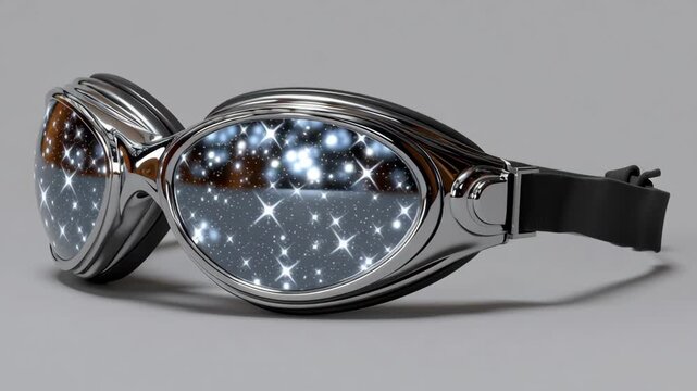 Futuristic goggles showcasing a cosmic reflection with intricate star patterns and shimmering details, highlighting the unique design and craftsmanship of the eyewear in a visually striking manner