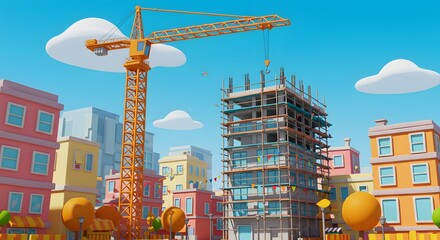 3D Cartoon Skyscraper Construction Project with Cranes and Workers