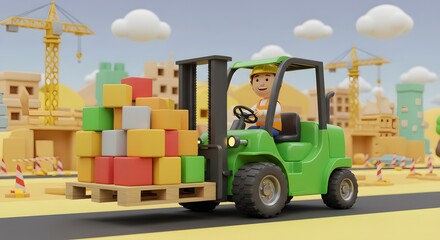 3D Cartoon Construction Worker Driving Forklift at Building Site