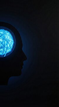Silhouette of a human head with a glowing blue tangled knot representing mental health, stress, or complexity