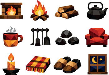 Geometric Fireplace Icons. Geometric low-poly vector icons illustrating a fireplace evening atmosphere with flames, hearth