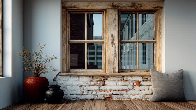 Cozy interior scene featuring rustic wooden window with natural light illuminating decorative vases and a cushion on wooden floor creating a warm and inviting atmosphere for home decor inspiration