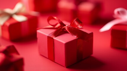 Fototapeta premium Small red gift boxes with ribbons on a red surface during a festive celebration