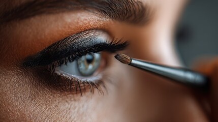 Naklejka premium Makeup artist adding final touches with a fine brush on a models eye makeup showcasing meticulous detail work and creative flair in a contemporary photo shoot studio atmosphere.