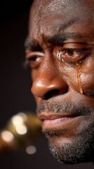 Obraz premium Emotional Portrait of a Man Crying a Single Golden Tear