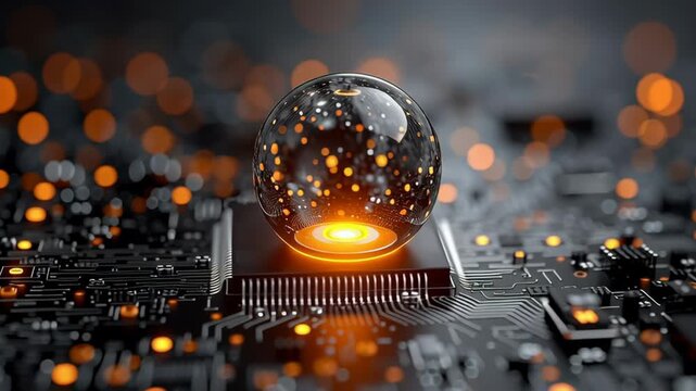Glowing transparent sphere positioned on a circuit board with illuminated patterns and vibrant orange highlights showcasing intricate electronic components and dynamic visual effects in a high-tech en