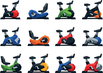Low-Poly Bike Icons. Stylized low-poly stationary bike icons designed with sharp angular polygons and faceted fitness equipment