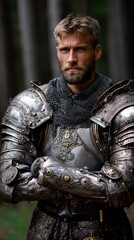 Noble Medieval Knight in Ornate Silver Plate Armor