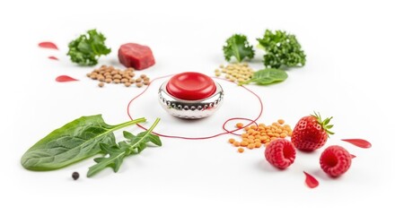 Essential diet for healthy red blood cells. Iron rich lean meat, diverse lentils, green leafy vegetables, and fresh berries boost vitality fighting anemia.