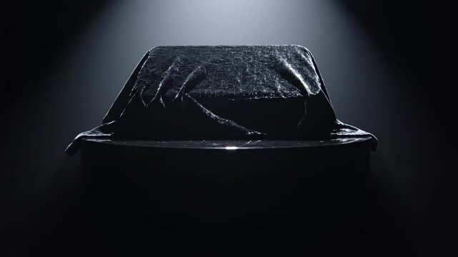 Mysterious covered object illuminated in dark setting