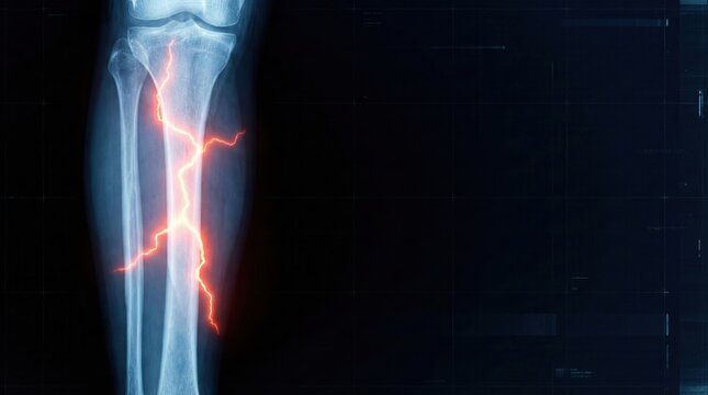 Radiography of human shin showing tibia break resembling electric thunderbolt. Concept of acute pain, trauma, accident and osteoporosis.