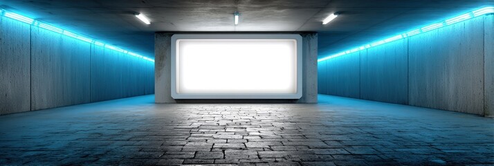 Blank Billboard Mockup in Modern Underground Neon Concrete Tunnel