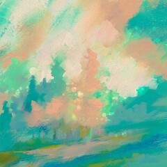 Whimsical Forest Scene w/ Highlights like Bokeh-Digital Painting, Art, Illustration, Design, w/Canvas & Paint Texture in Coral, Teal & Green