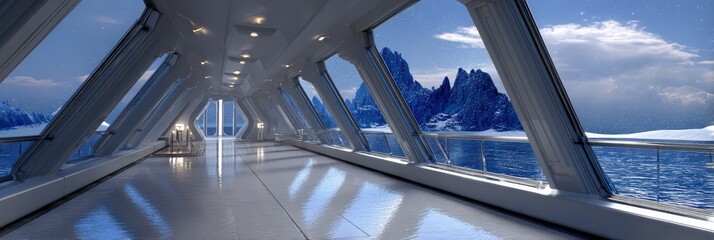 Futuristic Spaceship Hallway with View of Icy Blue Planet