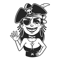 beautiful pirate woman with sabre sword, pistol gun and ship steering wheel - adventurous sea captain black and white vector portrait