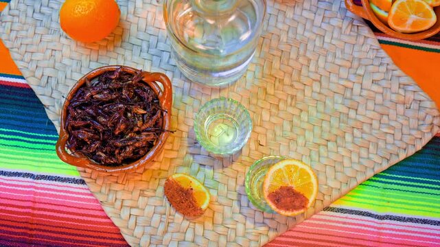 Mexican mezcal served with fried grasshoppers and chili orange