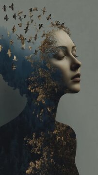 Surreal double exposure art blending a dissolving portrait with butterflies, symbolizing ADHD, hyperfocus, and emotional dysregulation for impactful commercial projects