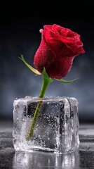 Red Rose Frozen in a Crystal Clear Ice Cube with Dew Drops