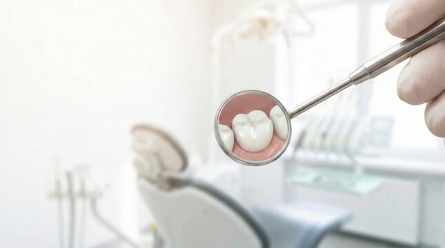 Close-up view of a dental checkup showing a clean molar tooth in a mirror. Concept of oral hygiene, stomatology, dentistry and professional care.