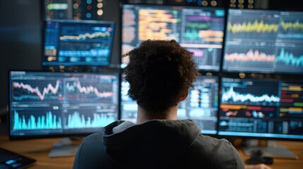 Overtheshoulder view of a network engineer analyzing realtime network traffic graphs displayed on multiple monitors in a server room.