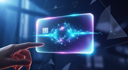 Digital credit card glowing with a constellation network hologram, a hand's fingertip approaching, abstract digital background, futuristic financial transaction concept.