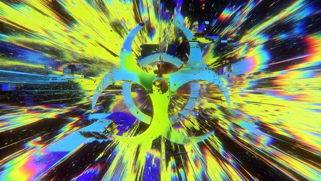 Abstract biohazard symbol with vibrant neon glitch and digital distortion effect background - Powered by Adobe