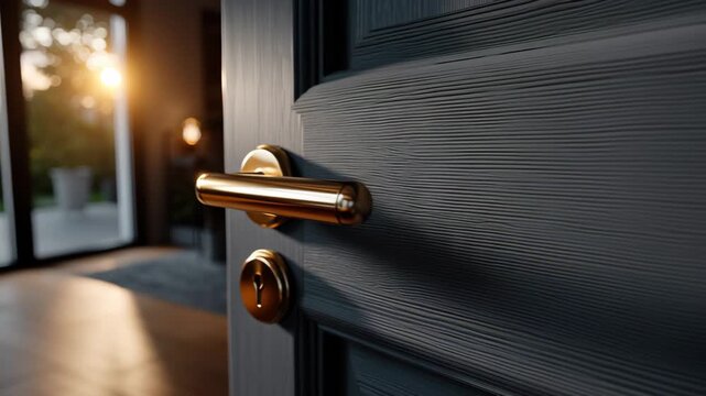 Door handle with golden finish being grasped as sunlight streams through an open doorway, showcasing the transition from indoors to outdoors in a modern living space
