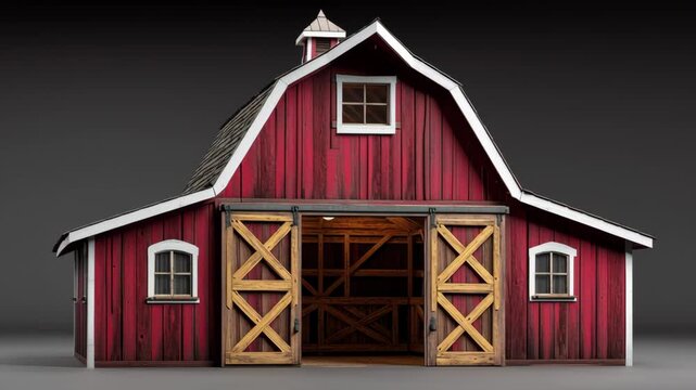Red barn structure with wooden doors and windows showcasing detailed architecture, featuring a sloped roof and vibrant color, highlighting craftsmanship and design elements in a rural setting
