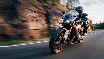 Obraz premium 山道を疾走するスポーツバイクのダイナミック走行