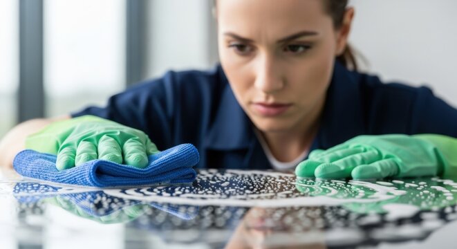 Focused Professional Woman in Gloves Cleaning Table Surface with Microfiber Cloth and Soap Suds - Powered by Adobe