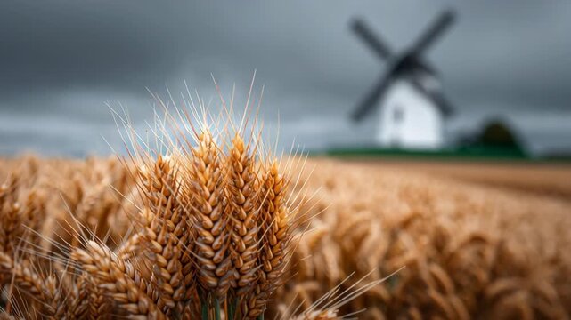 Golden wheat field swaying gently in the breeze with a traditional windmill in the background showcasing the beauty of rural agriculture and natural landscapes under a dramatic sky