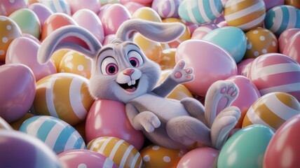 Obraz premium Cute fluffy bunny lying among many colorful Easter eggs. Close up 3D illustration of happy rabbit mascot.