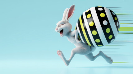 Fast 3D Easter bunny running with a giant striped egg on back. Express delivery and motion blur concept.