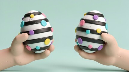 Two 3D cartoon hands holding decorated chocolate Easter eggs. Minimalist claymorphism style on green background.