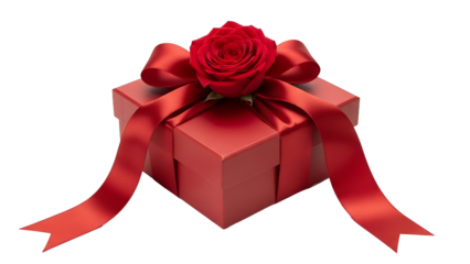 A perfectly wrapped red gift box, adorned with a luxurious red satin ribbon and a single fresh red rose as its centerpiece, sits elegantly on a pure black background.