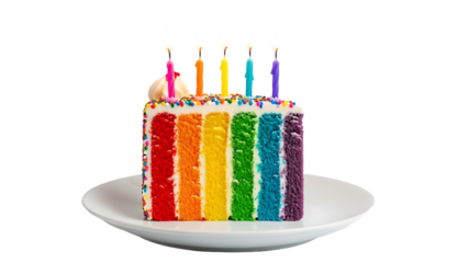 A vibrant and celebratory slice of rainbow layer cake, adorned with five colorful lit birthday candles and sprinkles, perfectly centered on a white plate against a minimalist black background.