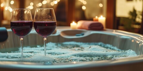 Romantic scene of a spa bath with two wine glasses on the edge.