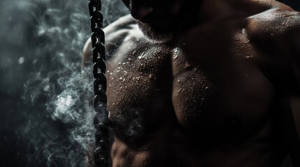 Close-up of man's chest and shoulders with visible muscle definition and perspiration. He is shirtless, looking downwards at the ground.