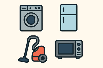 Home appliance icons: washing machine, refrigerator, vacuum, microwave