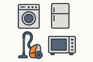 Set of household appliances icons: washer, refrigerator, vacuum, microwave