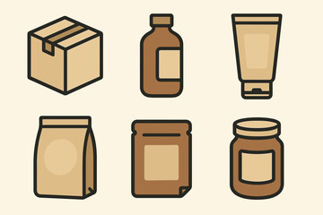 Minimalist icons of various brown packaging types in a grid layout