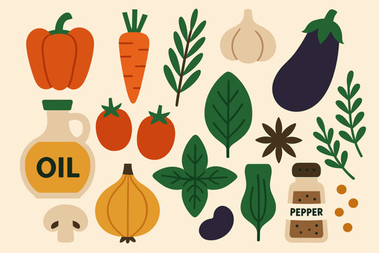 Colorful collection of fresh vegetables and herbs with cooking ingredients