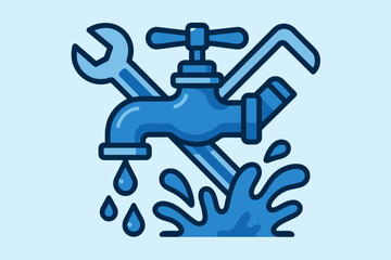 Leaking faucet with tools and water splash