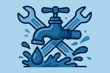 Blue plumbing tools and water faucet with splash illustration