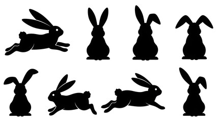 Obraz premium Easter Bunny Silhouette Collection Vector Various Poses Black Shapes Rabbit Jumping Sitting Running Minimalist Design Set Isolated White Background 