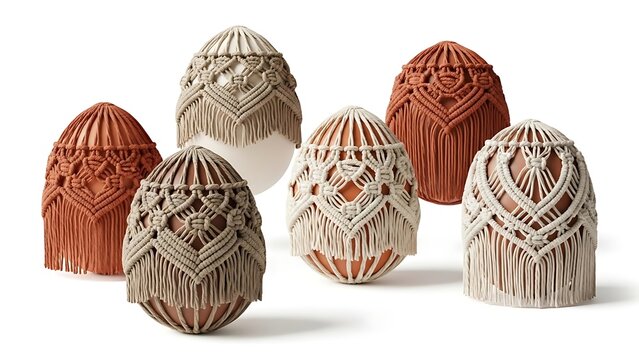 Boho Easter Eggs Vector Macrame Pattern Design Earthy Neutral Tones Woven Texture Bohemian Style Natural Aesthetic Modern Holiday Graphic Isolated Background
